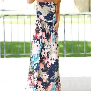 Strapless Navy Floral Maxi Dress with Pockets